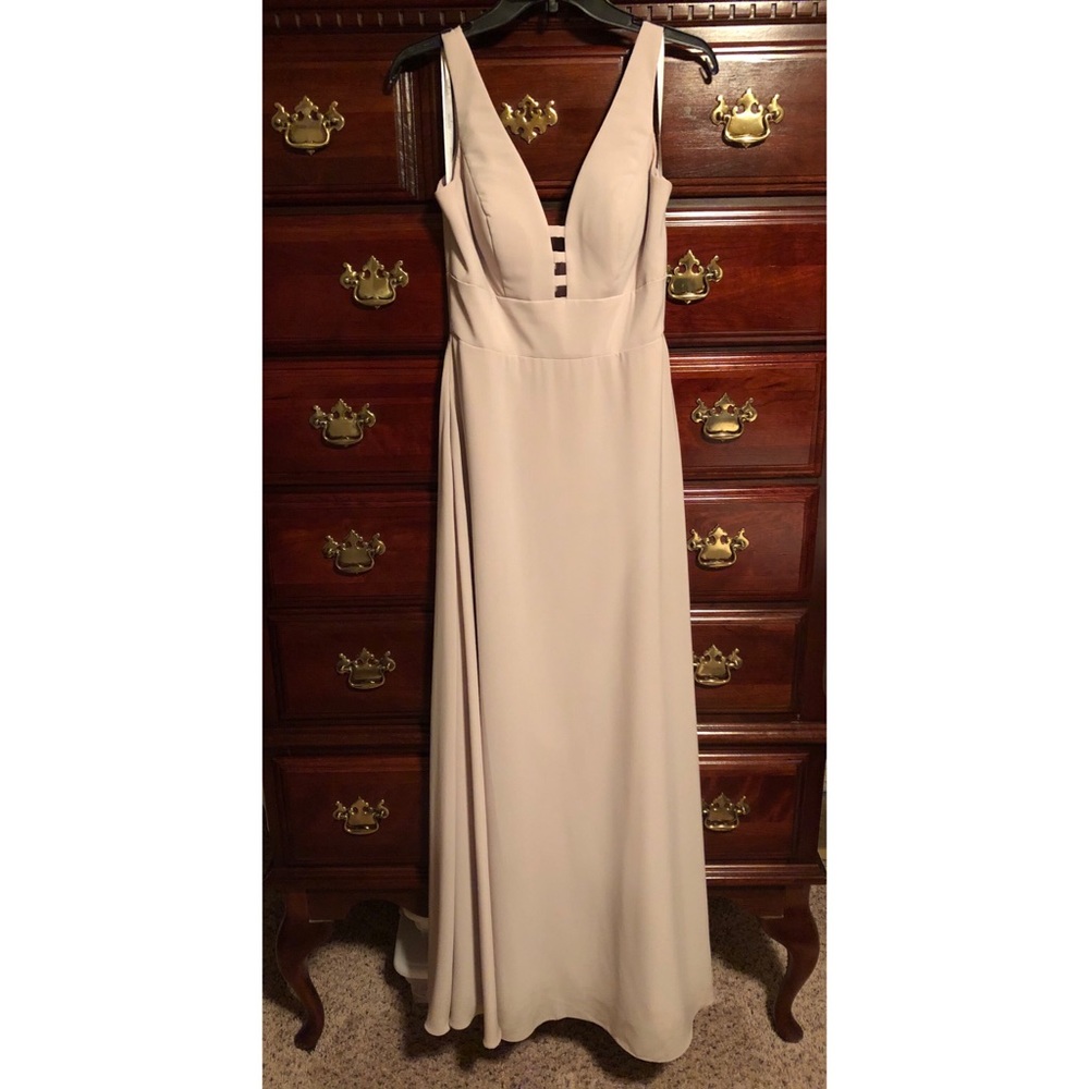 Taupe/grey colored bridesmaid dress. Size 8.